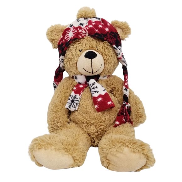 Teddy Bear Plush Red White Black Snowflake Scarf Hat 20" Stuffed Animal Toy Tan - Picture 1 of 10